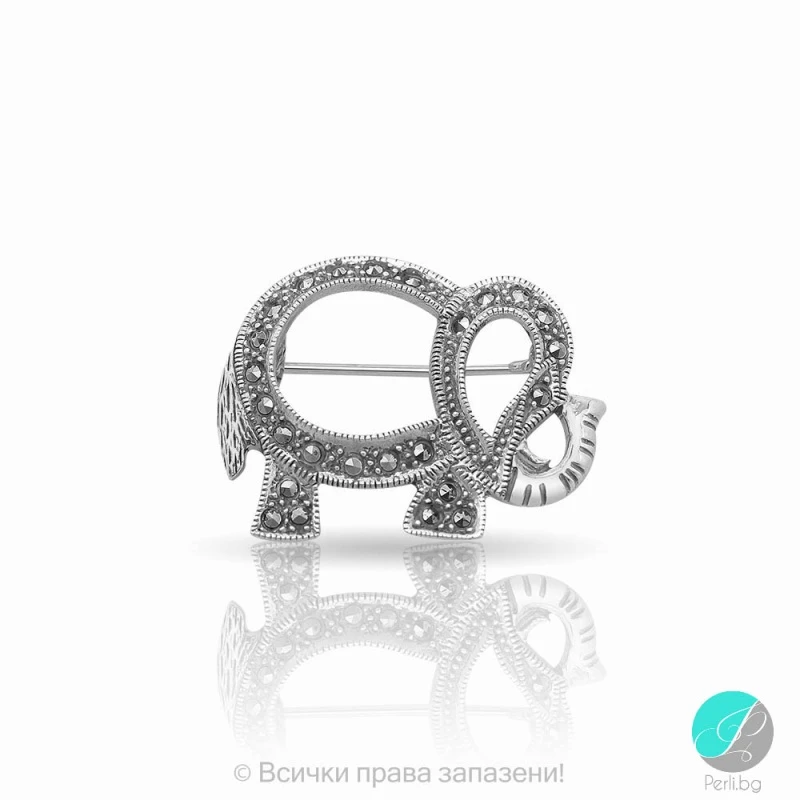 Marty - Сребърна брошка Слон с Марказит 555655939-Естествени камъни